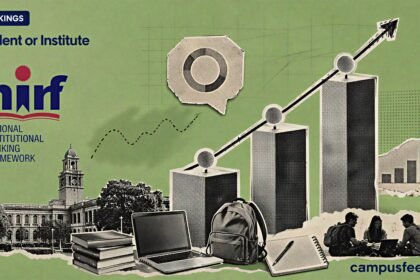 Student or Institute debate visualised through a halftone Indian college campus, employability trend fragments, and NIRF outcome cues for 2026