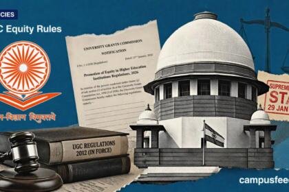 UGC Equity Rules shown through a Supreme Court dome halftone composition, legal document fragments and UGC regulatory context after the 2026 stay