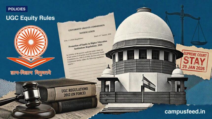 UGC Equity Rules shown through a Supreme Court dome halftone composition, legal document fragments and UGC regulatory context after the 2026 stay