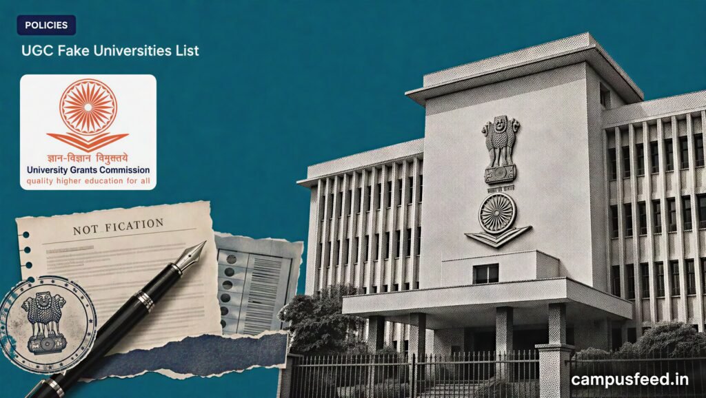 UGC Fake Universities List warning shown through UGC Bhawan, the regulator emblem and official notification documents after 32 unrecognised institutions were flagged in 2026