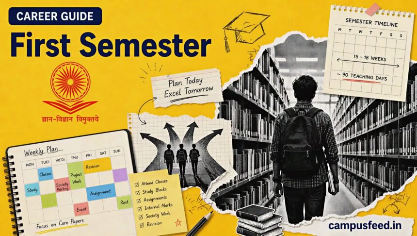 Students planning their First Semester timetable with study blocks, college societies, UGC grading chart, and campus calendar to balance academics and extracurricular activities