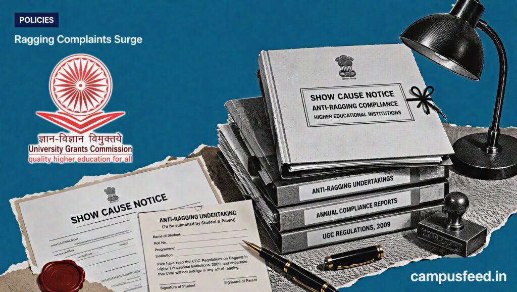 UGC Ragging Complaints Surge visual with official show cause notice files, regulator emblem and anti-ragging compliance documents for 107 institutions