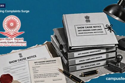 UGC Ragging Complaints Surge visual with official show cause notice files, regulator emblem and anti-ragging compliance documents for 107 institutions