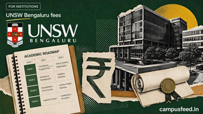 UNSW Bengaluru fees explained with the official UNSW logo, a halftone Bengaluru campus scene, programme materials, and Indian rupee fee context