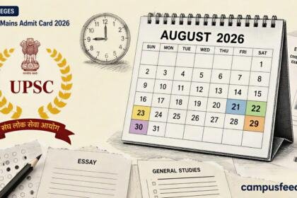 UPSC Mains Admit Card 2026 beside a halftone August exam calendar, UPSC emblem and paper fragments marking the five Civil Services Mains exam days