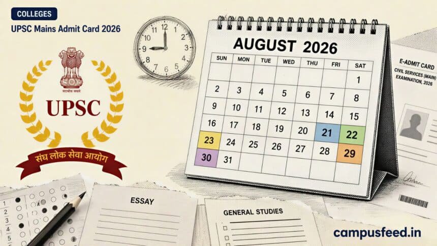 UPSC Mains Admit Card 2026 beside a halftone August exam calendar, UPSC emblem and paper fragments marking the five Civil Services Mains exam days