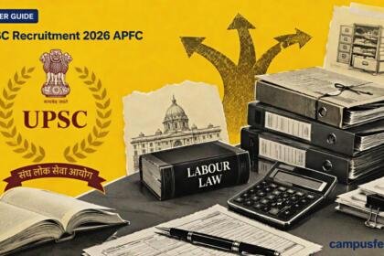 UPSC Recruitment 2026 APFC visual with the official UPSC emblem, halftone government recruitment files, labour-law book, calculator, and EPFO career context