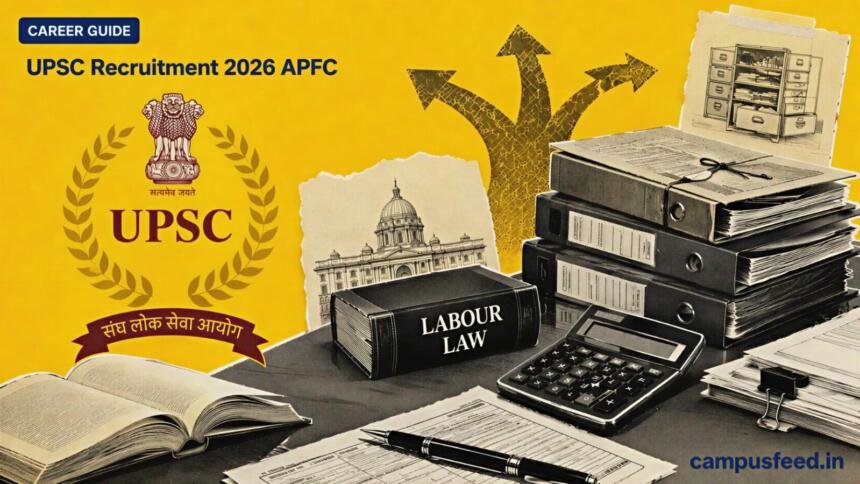 UPSC Recruitment 2026 APFC visual with the official UPSC emblem, halftone government recruitment files, labour-law book, calculator, and EPFO career context