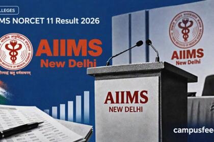 AIIMS NORCET 11 Result 2026 shown through a halftone result-day press podium, AIIMS New Delhi emblem and abstract score-distribution graphics