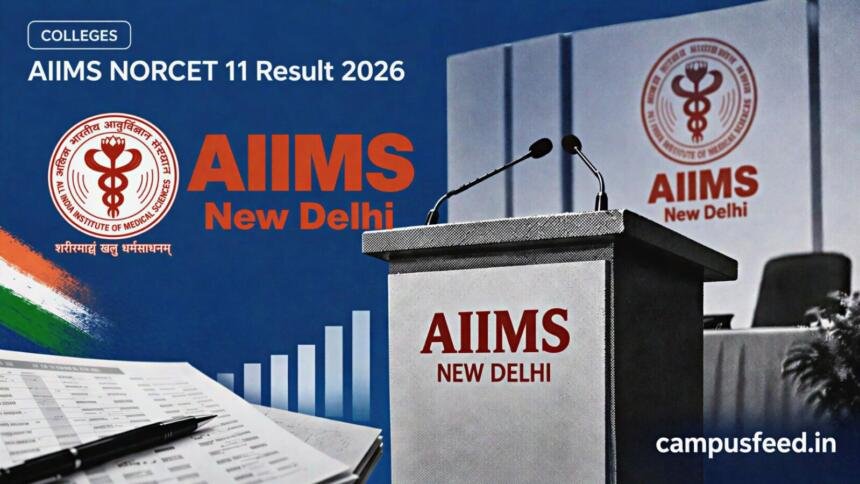 AIIMS NORCET 11 Result 2026 shown through a halftone result-day press podium, AIIMS New Delhi emblem and abstract score-distribution graphics