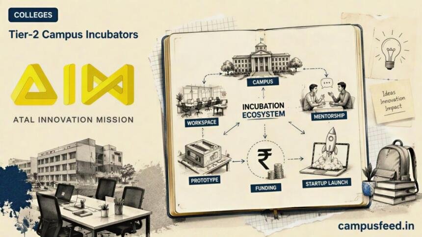 Tier-2 campus incubators explainer with AIM emblem, open textbook and startup ecosystem diagram showing student founders building from smaller Indian cities