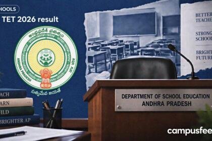 Andhra Pradesh School Education result-day podium beside the state emblem for AP TET 2026 result, with halftone score bars on navy background