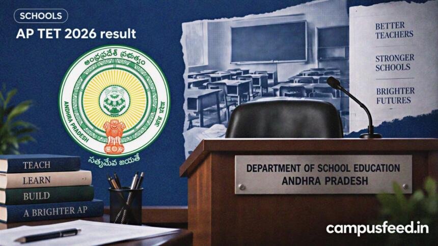 Andhra Pradesh School Education result-day podium beside the state emblem for AP TET 2026 result, with halftone score bars on navy background