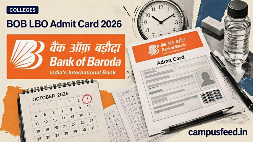 Bank of Baroda call-letter flat-lay illustrating BOB LBO Admit Card 2026 with exam stationery and an analog wristwatch