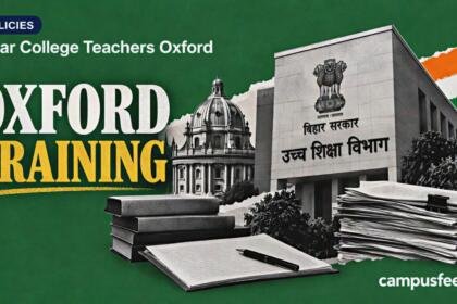 Bihar college teachers Oxford training visual with the Oxford crest, Bihar education identity, policy files and restrained tricolor accents