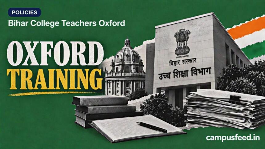 Bihar college teachers Oxford training visual with the Oxford crest, Bihar education identity, policy files and restrained tricolor accents