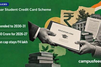 Bihar Student Credit Card Scheme benefit handover scene with Bihar government emblem, education-loan certificate and rupee motif for the 2026 five-year extension