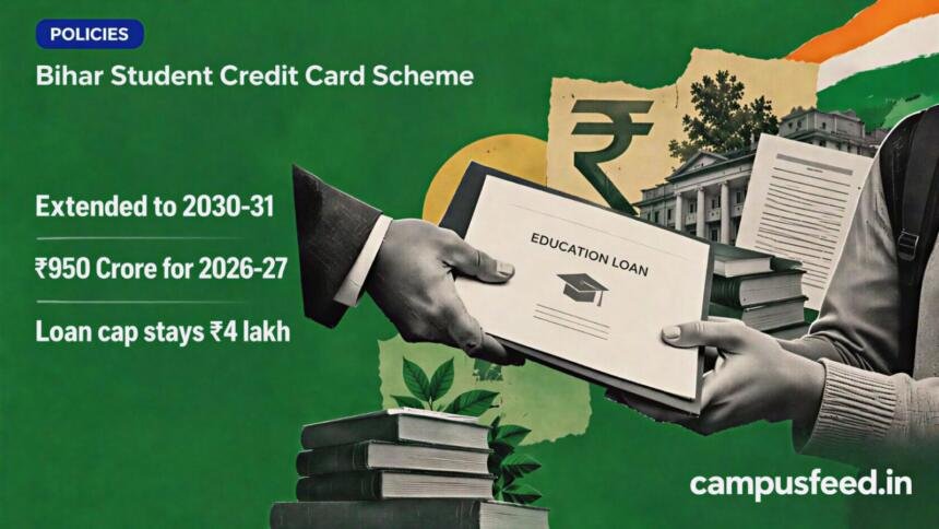 Bihar Student Credit Card Scheme benefit handover scene with Bihar government emblem, education-loan certificate and rupee motif for the 2026 five-year extension