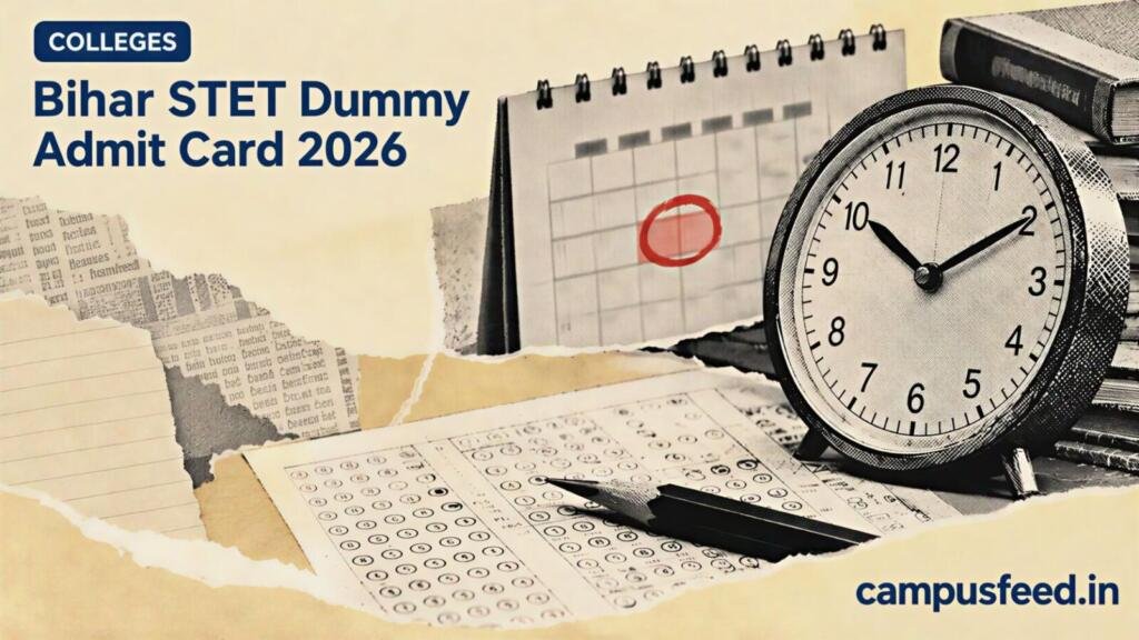 BSEB Bihar STET Dummy Admit Card 2026 correction deadline visual with halftone wristwatch, exam-paper elements and official board emblem