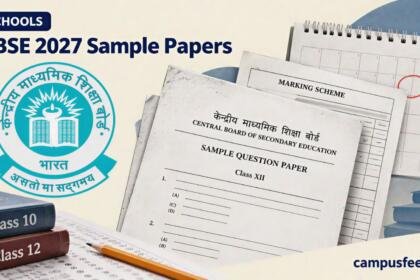 CBSE 2027 sample papers shown as a halftone question booklet with the CBSE emblem, marking-scheme pages and an unmarked exam calendar