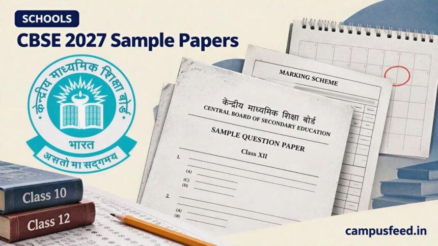 CBSE 2027 Sample Papers Out for Class 10, 12; Date Sheet Awaited 1 CBSE 2027 sample papers shown as a halftone question booklet with the CBSE emblem, marking-scheme pages and an unmarked exam calendar