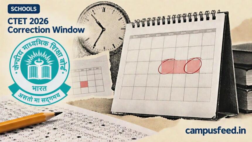 CBSE calendar and exam-paper collage for CTET 2026 Correction Window, highlighting the September 7 to 10 correction period at ctet.nic.in