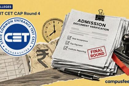 Maharashtra CET Cell emblem beside a halftone admission document stack for MHT CET CAP Round 4 seat acceptance and college reporting deadlines