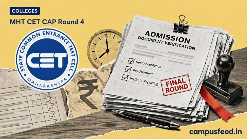 Maharashtra CET Cell emblem beside a halftone admission document stack for MHT CET CAP Round 4 seat acceptance and college reporting deadlines