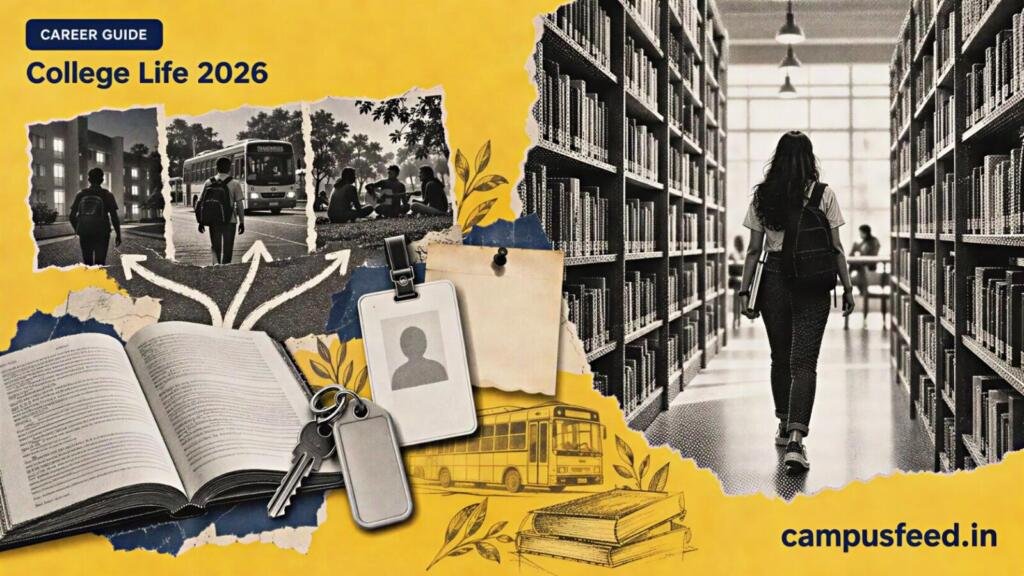 College Life 2026 guide scene with a halftone library aisle, open books and a college-age student silhouette for first-year campus orientation