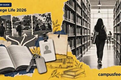 College Life 2026 guide scene with a halftone library aisle, open books and a college-age student silhouette for first-year campus orientation