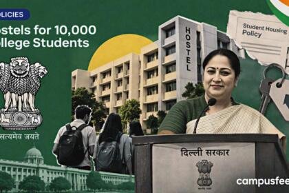 Delhi government hostel plan with an official emblem and halftone student-residence concept for hostels for 10,000 college students in 2026