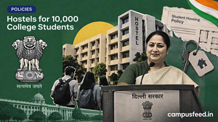 Delhi government hostel plan with an official emblem and halftone student-residence concept for hostels for 10,000 college students in 2026