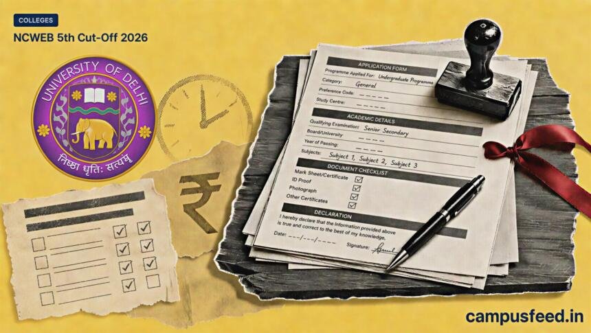 Delhi University admission documents and deadline clock beside the official logo for the NCWEB 5th Cut-Off 2026 and remaining college seats