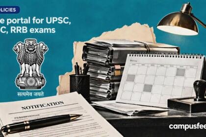 Government recruitment policy desk with DoPT files, official emblem and exam calendar illustrating one portal for UPSC, SSC, RRB exams