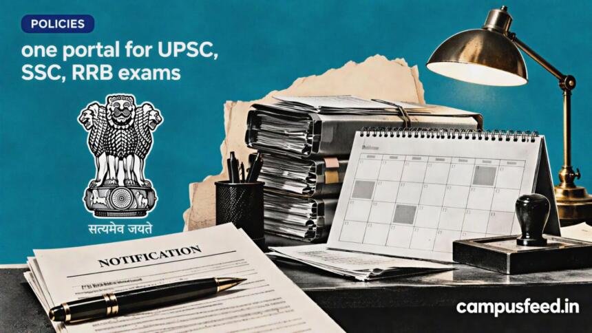 Government recruitment policy desk with DoPT files, official emblem and exam calendar illustrating one portal for UPSC, SSC, RRB exams