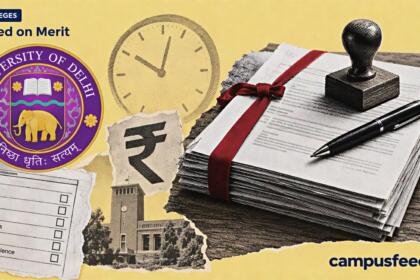 Delhi University logo beside an admission document stack representing class 12 marks entry to vacant undergraduate seats across 35 colleges in 2026