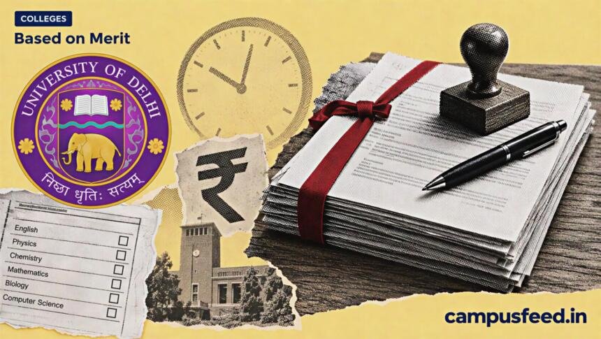 Delhi University logo beside an admission document stack representing class 12 marks entry to vacant undergraduate seats across 35 colleges in 2026