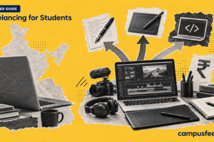Freelancing for Students career guide with a halftone laptop, design tablet, notebook and coding elements representing remote freelance work in India