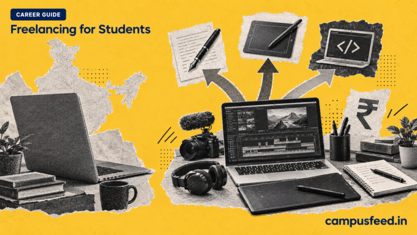 Freelancing for Students career guide with a halftone laptop, design tablet, notebook and coding elements representing remote freelance work in India