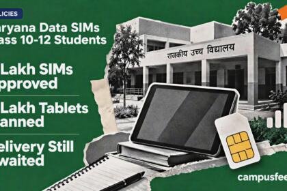 Government of Haryana emblem beside a halftone rural school facade and tablet connectivity collage for Haryana data SIMs Class 10-12 students under e-Adhigam