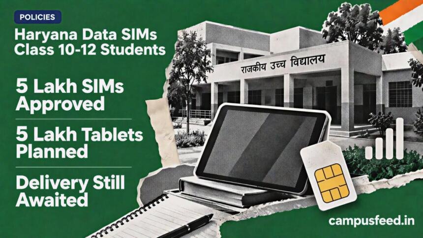 Government of Haryana emblem beside a halftone rural school facade and tablet connectivity collage for Haryana data SIMs Class 10-12 students under e-Adhigam