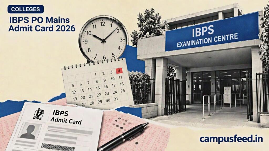 IBPS PO Mains Admit Card 2026 beside an official IBPS exam centre entrance, with a clock and October calendar in halftone collage style