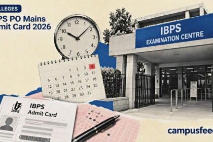 IBPS PO Mains Admit Card 2026 beside an official IBPS exam centre entrance, with a clock and October calendar in halftone collage style