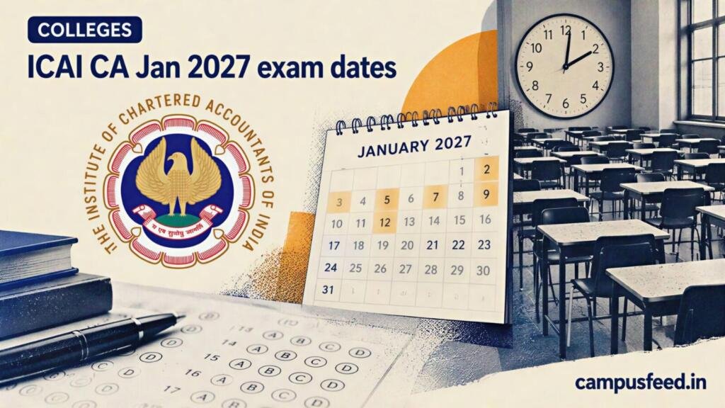 ICAI CA Jan 2027 exam dates shown through a halftone empty examination hall, official ICAI emblem, calendar grid and analog clock