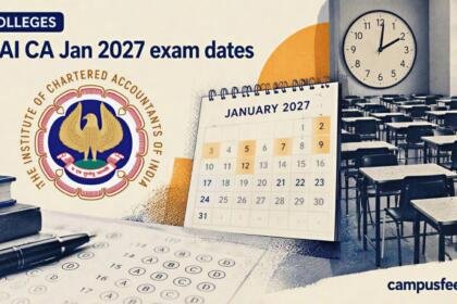 ICAI CA Jan 2027 exam dates shown through a halftone empty examination hall, official ICAI emblem, calendar grid and analog clock
