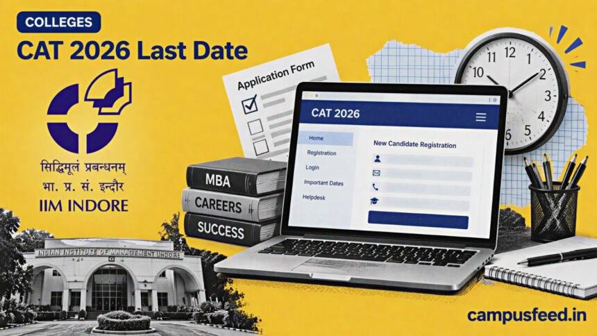 CAT 2026 Last Date Extended to September 22 at iimcat.ac.in 1 IIM Indore CAT 2026 Last Date extension shown through a halftone online registration portal, deadline clock motif and official institute logo