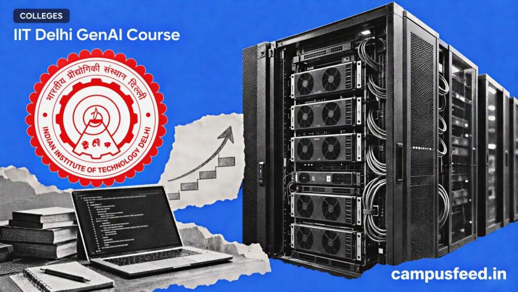 IIT Delhi GenAI Course editorial collage featuring the official institute emblem, GPU server racks, coding laptop and curriculum growth arrow