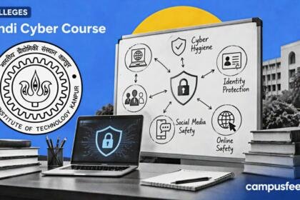 IIT Kanpur logo beside a halftone curriculum whiteboard illustrating the Hindi cyber course for DBRAU colleges and online cybersecurity learning