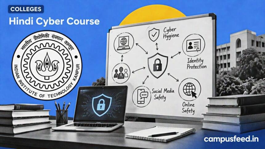 IIT Kanpur logo beside a halftone curriculum whiteboard illustrating the Hindi cyber course for DBRAU colleges and online cybersecurity learning