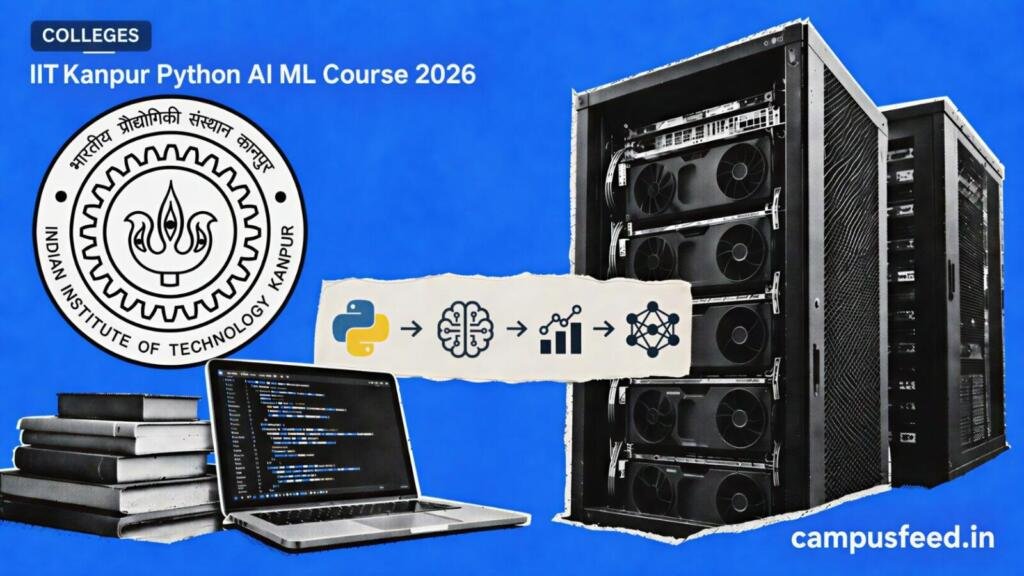 IIT Kanpur Python AI ML Course 2026 visual with IIT Kanpur logo, halftone GPU server racks and laptop coding collage on electric blue